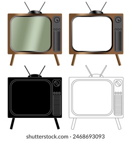 Retro TV with a wooden veneer casing, Vintage Television Set in Colour, Colour with screen knockout to add your own pictures, Black with white outline, White with black outline, isolated on white
