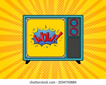 Retro TV with "Wow!" on the screen. Vintage electronics. Pop art vintage vector illustration on yellow background