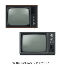 Retro tvset old fashioned television TV channel broadcasting device set realistic vector illustration. Analogue vintage equipment for multimedia media entertainment technology with screen and buttons