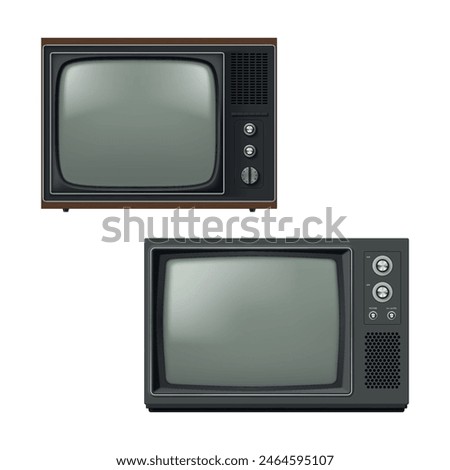 Retro tvset old fashioned television TV channel broadcasting device set realistic vector illustration. Analogue vintage equipment for multimedia media entertainment technology with screen and buttons