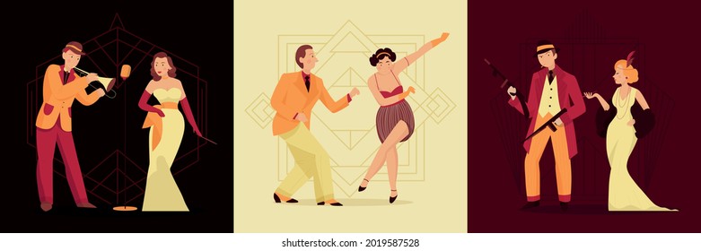 Retro twenties design concept with three square compositions with male and female human characters of dandies vector illustration