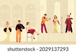 Retro twenties restaurant composition with characters of musicians and visitors in vintage outfits with stage background vector illustration