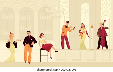 Retro twenties restaurant composition with characters of musicians and visitors in vintage outfits with stage background vector illustration