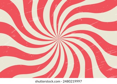 Retro Twist spiral sunburst vector background with Vintage bright grunge placard,70's style Vector poster of red illustration for banner, for use to  website ,backdrop ,circus, carnival, summer fair.
