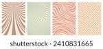 Retro twisted and distorted vector groovy hippie background set. Waves, swirl, stripe, ray and twirl pattern. Vintage set of backgrounds in trendy retro psychedelic style. Vector illustration
