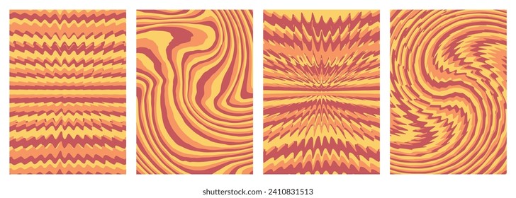 Retro twisted and distorted vector groovy hippie background set. Waves, swirl, stripe, ray and twirl pattern. Vintage set of backgrounds in trendy retro psychedelic style. Vector illustration