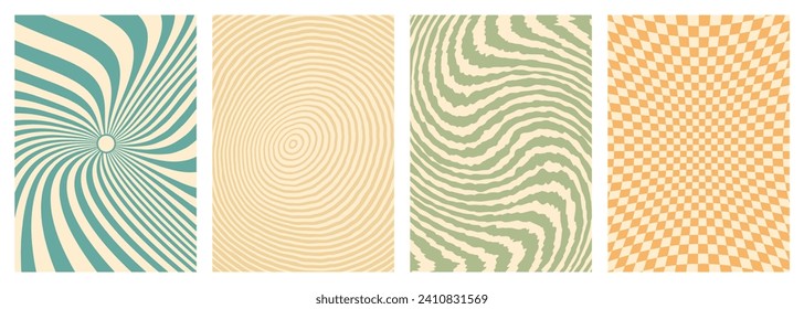 Retro twisted and distorted vector groovy hippie background set. Waves, swirl, stripe, ray and twirl pattern. Vintage set of backgrounds in trendy retro psychedelic style. Vector illustration