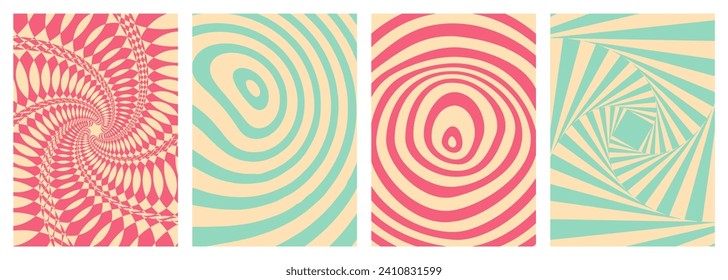 Retro twisted and distorted vector groovy hippie background set. Waves, swirl, stripe, ray and twirl pattern. Vintage set of backgrounds in trendy retro psychedelic style. Vector illustration