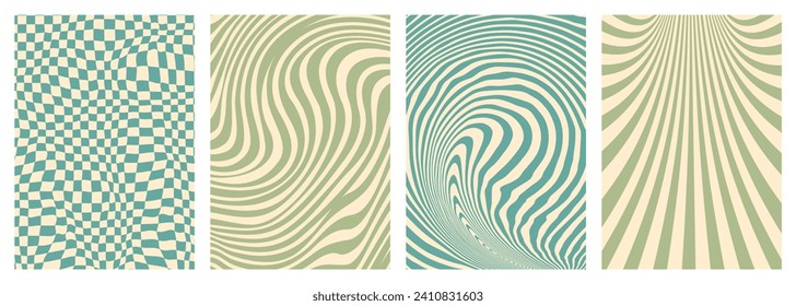 Retro twisted and distorted vector groovy hippie background set. Waves, swirl, stripe, ray and twirl pattern. Vintage set of backgrounds in trendy retro psychedelic style. Vector illustration