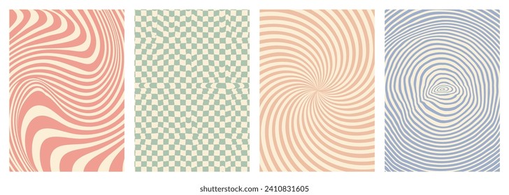 Retro twisted and distorted vector groovy hippie background set. Waves, swirl, stripe, ray and twirl pattern. Vintage set of backgrounds in trendy retro psychedelic style. Vector illustration