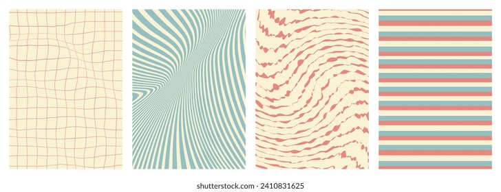 Retro twisted and distorted vector groovy hippie background set. Waves, swirl, stripe, ray and twirl pattern. Vintage set of backgrounds in trendy retro psychedelic style. Vector illustration