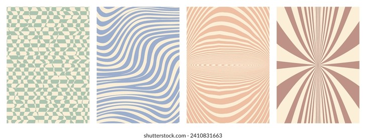 Retro twisted and distorted vector groovy hippie background set. Waves, swirl, stripe, ray and twirl pattern. Vintage set of backgrounds in trendy retro psychedelic style. Vector illustration