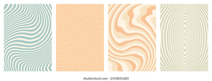 Retro twisted and distorted vector groovy hippie background set. Waves, swirl, stripe, ray and twirl pattern. Vintage set of backgrounds in trendy retro psychedelic style. Vector illustration