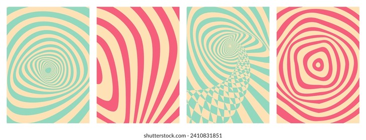 Retro twisted and distorted vector groovy hippie background set. Waves, swirl, stripe, ray and twirl pattern. Vintage set of backgrounds in trendy retro psychedelic style. Vector illustration