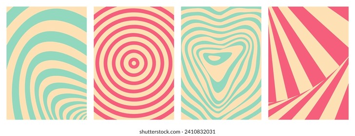 Retro twisted and distorted vector groovy hippie background set. Waves, swirl, stripe, ray and twirl pattern. Vintage set of backgrounds in trendy retro psychedelic style. Vector illustration