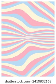 Retro twisted and distorted vector groovy hippie background. Waves, swirl, stripe, ray and twirl pattern. Vintage background in trendy retro psychedelic style. Vector illustration