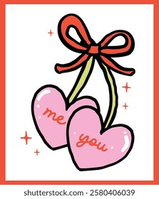 Retro Two Heart Cherries with bow You and Me Outline Bold Line Hand Drawn in Vibrant Red and Pinj