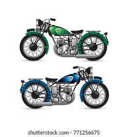 retro two motorcycles in green & blue-vector drawing