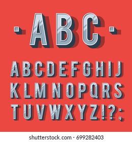 Retro type font, vintage typography. Letters alphabet with shadow. Vector illustration template isolated on red background