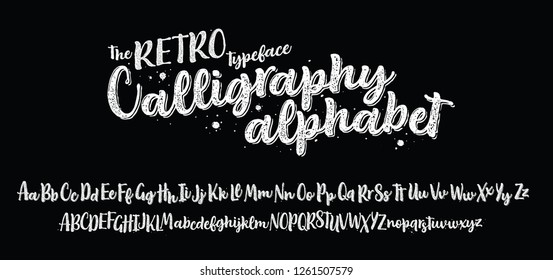 The Retro typeface Calligraphy alphabet. Hand drawn font. White texture letters for Logo, Poster, Invitation, etc. Vector illustrations. 