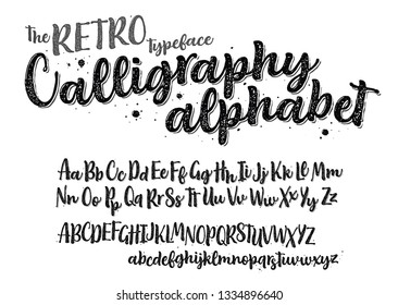 The RETRO Typeface Calligraphy alphabet isolated on white background. Hand drawn texture font for Logo, Poster, etc. Vector logo letters. 