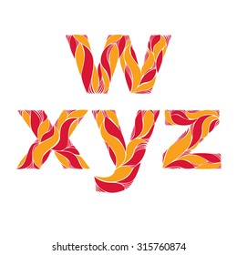 Retro typeface decorated with herbal pattern, floral lowercase letters with orange autumn leaves. Flowery alphabet.