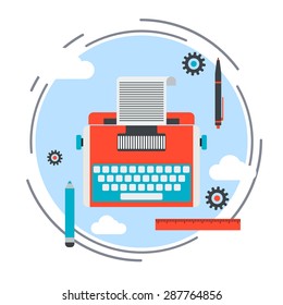 Retro typewriter flat design style icon. Publishing, journalism, blogging vector illustration.