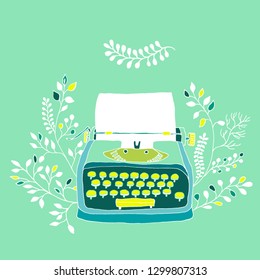 Retro typewriter with leaves decor. Sketch hand drawn illustration vintage style. Trendy pastel colors.