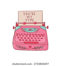 Retro typewriter machine doodle, Valentine's day clipart, sticker, print, banner, card, sign, etc. EPS 10