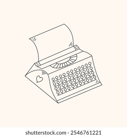 Retro typewriter with paper in doodle style. Vector illustration.