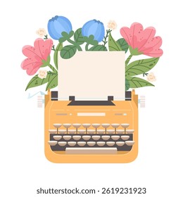 Retro typewriter with paper sheet and bouquet of flowers. Classic vintage equipment for paperwork in the office and at home. Hugge writing machine