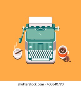 Retro typewriter and paper sheet. Cigar and coffee. Vector flat illustration.