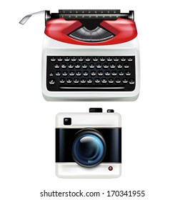 retro typewriter and photography camera isolated on white