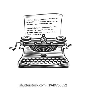 Retro typewriter with sheet of paper sketch. Hand drawn vintage vector illustration