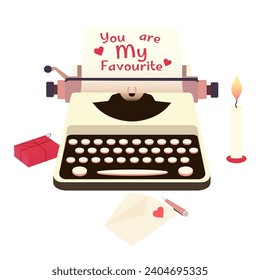 Máquina de escribir retro con texto USTED ES MI FAVORITO sobre fondo blanco