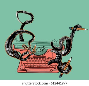 Retro typewriter vector illustration in doodle style. Retro equipment. Tentacles hold pencils. Ideally use for t-shirt design, web design, ad materials.