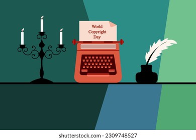 Retro Typewriter, vintage candle holder and inkwell with pen on geometrical background. World Writer's Day banner. Vintage object. Vector illustration.