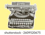 Retro typewriter. Vintage machine for type. Halftone trendy cut out paper collage element isolated on yellow background, Polka dot pop art style texture Vector illustration.