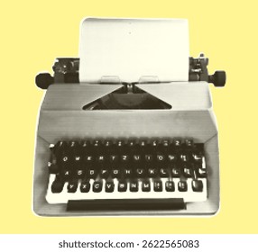 Retro typewriter. Vintage machine for type. Halftone trendy cut out paper collage element isolated on yellow background, Polka dot pop art style texture Vector illustration.