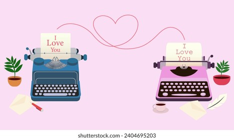 Retro typewriters with text I LOVE YOU on pink background. Valen