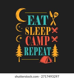 Projeto tipográfico retrô com a frase 'coma acampamento repetir' para entusiastas ao ar livre