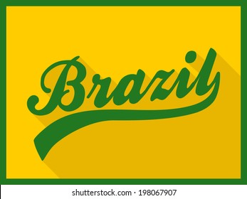 Retro typographic design long shadow Brazil poster in yellow and green.