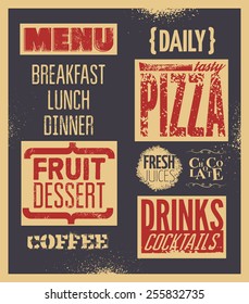 Retro typographic restaurant menu design. Vector illustration. Background grunge effect in separate layer.