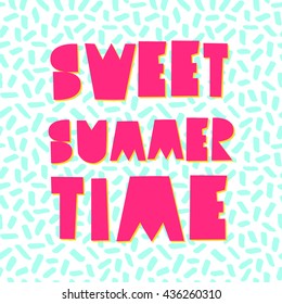 Retro typographic summer design with bright pink geometric letters on light blue and white sprinkles background.