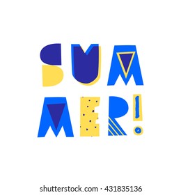 Retro typographic summer design with decorative geometric letters in blue and yellow on white background. Modern poster, advertising, wall art, t-shirt design.