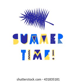 Retro typographic summer design with decorative geometric letters and palm leaf in blue and yellow on white background. Modern poster, advertising, wall art, t-shirt design.