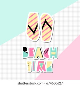 Retro typographic summer design with decorative geometric letters and flip flops in pink, green, black and yellow on geometric background. Modern poster, advertising, wall art, t-shirt design.