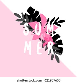 Retro typographic summer design with floral silhouettes and triangles shapes in pastel pink and white.