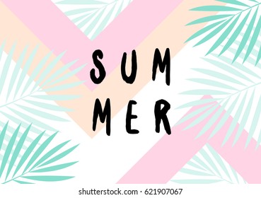 Retro typographic summer design with palm leaf silhouettes and triangles shapes in pastel colors.