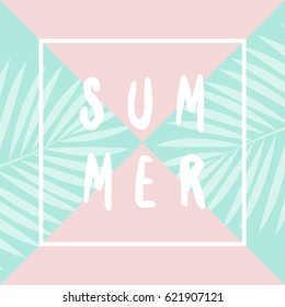 Retro typographic summer design with palm leaf silhouettes and triangles shapes in pastel colors.